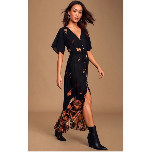 Billabong Autumn Breeze Floral Gauze Button-Up Maxi Shirt Dress Black Medium - Picture 1 of 11